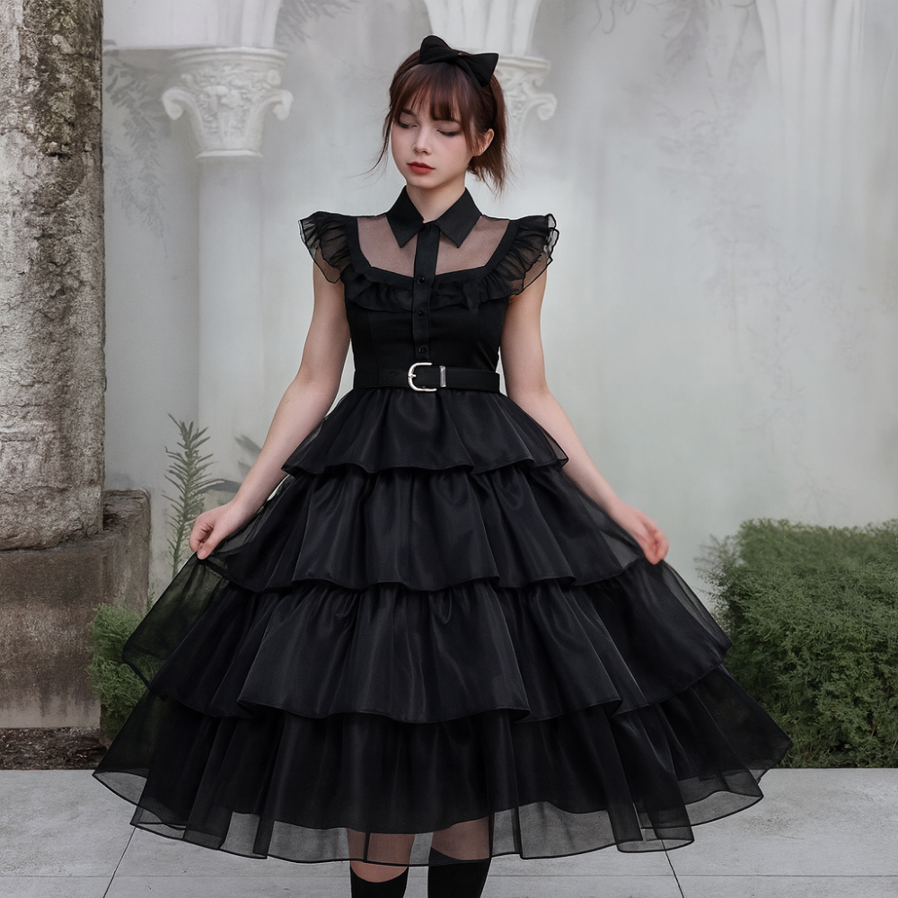Halloween Kostuum Gotische Zwarte Rimpel Net Jurk