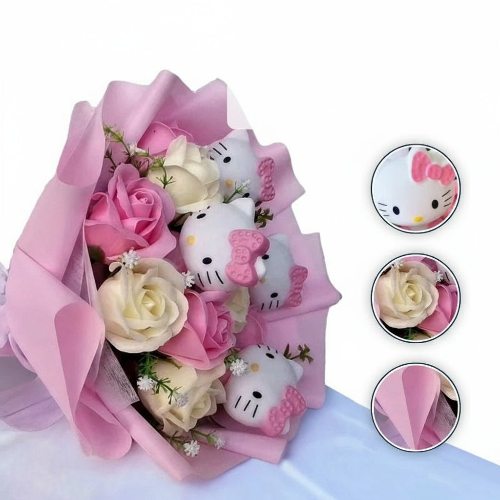 Kleurrijke Synthetische Bloemenboeket Met Hello Kitty Figuren Voor Cadeaus En Decoratie