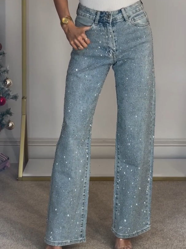 GlamFit-Jeans met hoge taille | Adembenemende, met diamanten bezette straight jeans voor een chique look