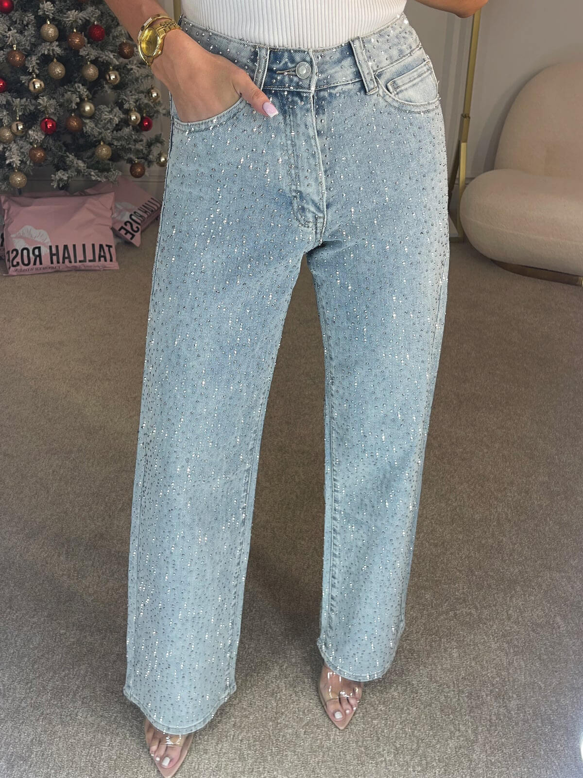 GlamFit-Jeans met hoge taille | Adembenemende, met diamanten bezette straight jeans voor een chique look