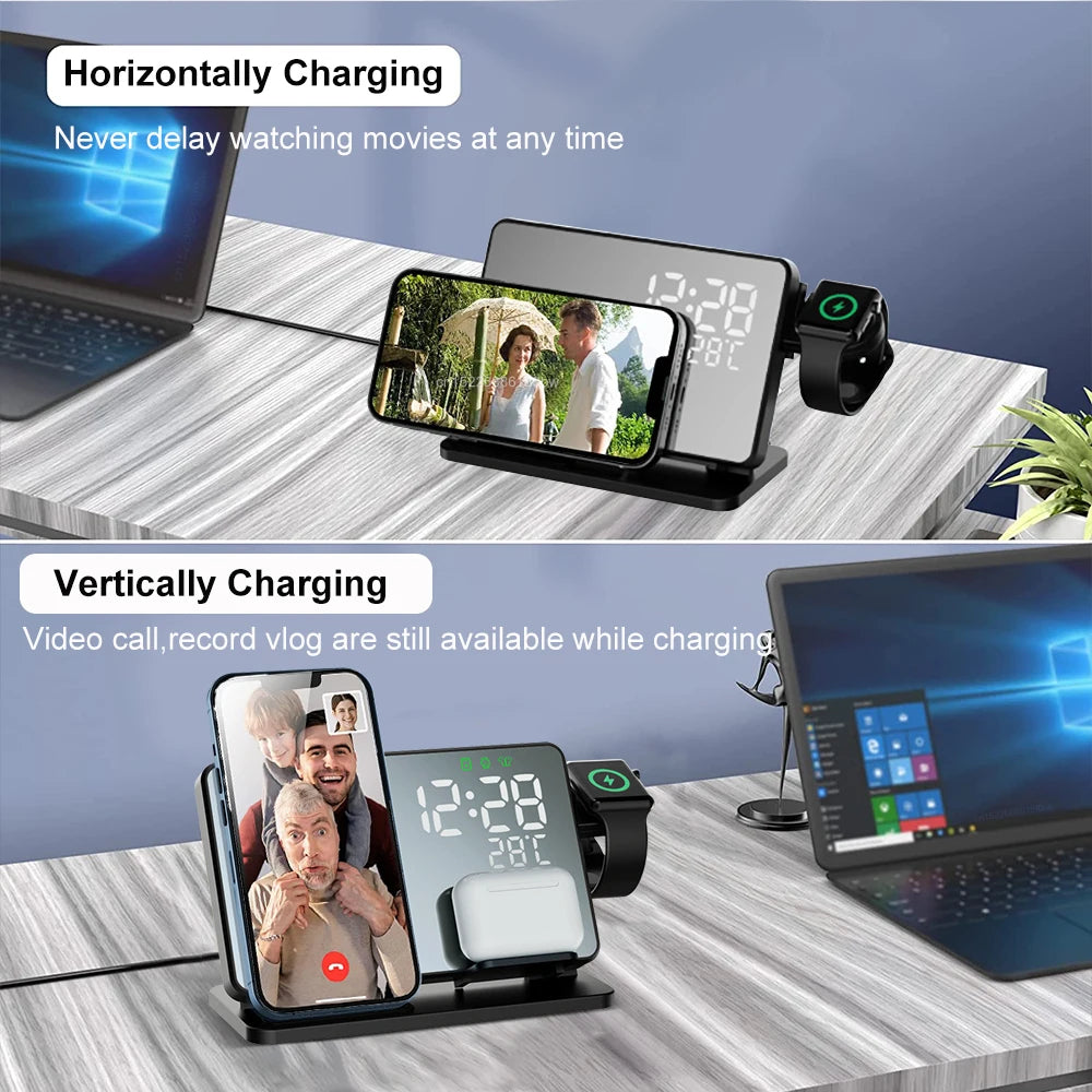 3-in-1 Snelladerstation | Premium Draadloze Snellader Dockingstation met Alarmklok | voor Apple iPhone, Watch & AirPods