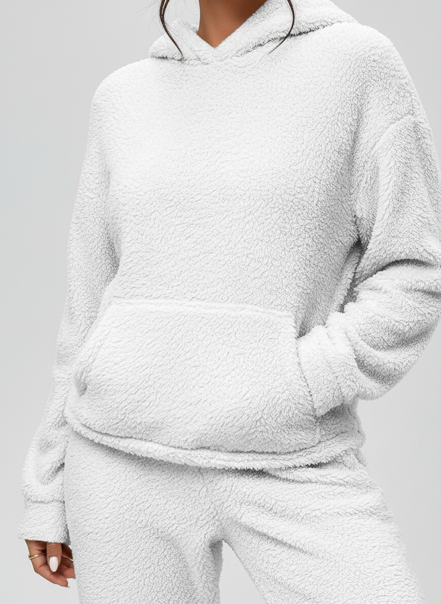 CozyTeddy Lounge Set – Warme Hoodie en Broek van Zachte Teddy-Stof met Kängurutas