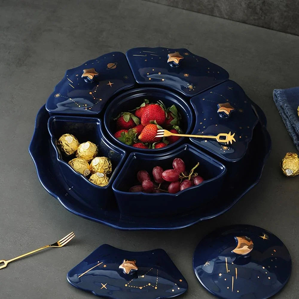 Roterend Keramisch Snackbord met 5 Vakken – Sterrenhemel Design voor Hapjes en Snacks