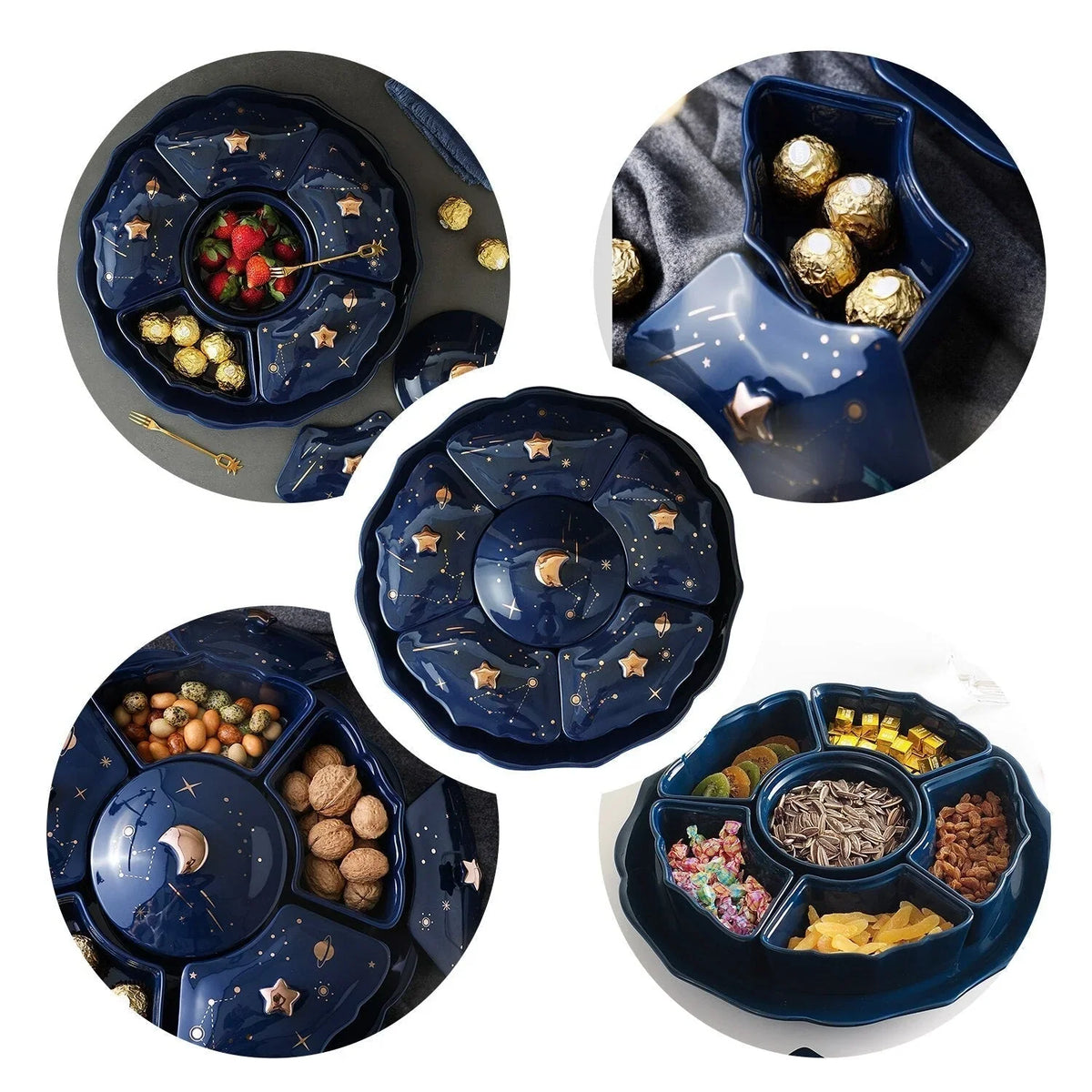 Roterend Keramisch Snackbord met 5 Vakken – Sterrenhemel Design voor Hapjes en Snacks