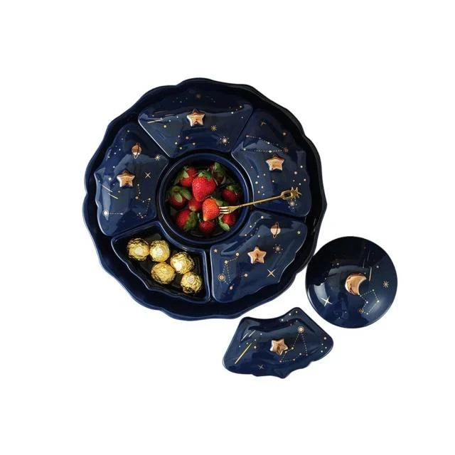 Roterend Keramisch Snackbord met 5 Vakken – Sterrenhemel Design voor Hapjes en Snacks