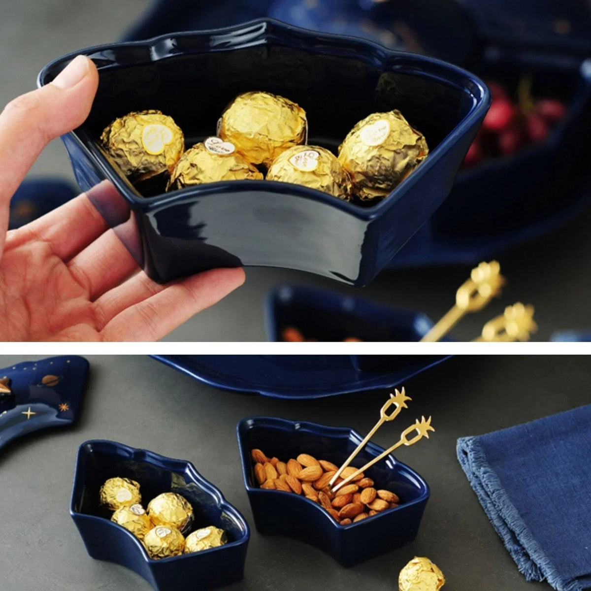 Roterend Keramisch Snackbord met 5 Vakken – Sterrenhemel Design voor Hapjes en Snacks