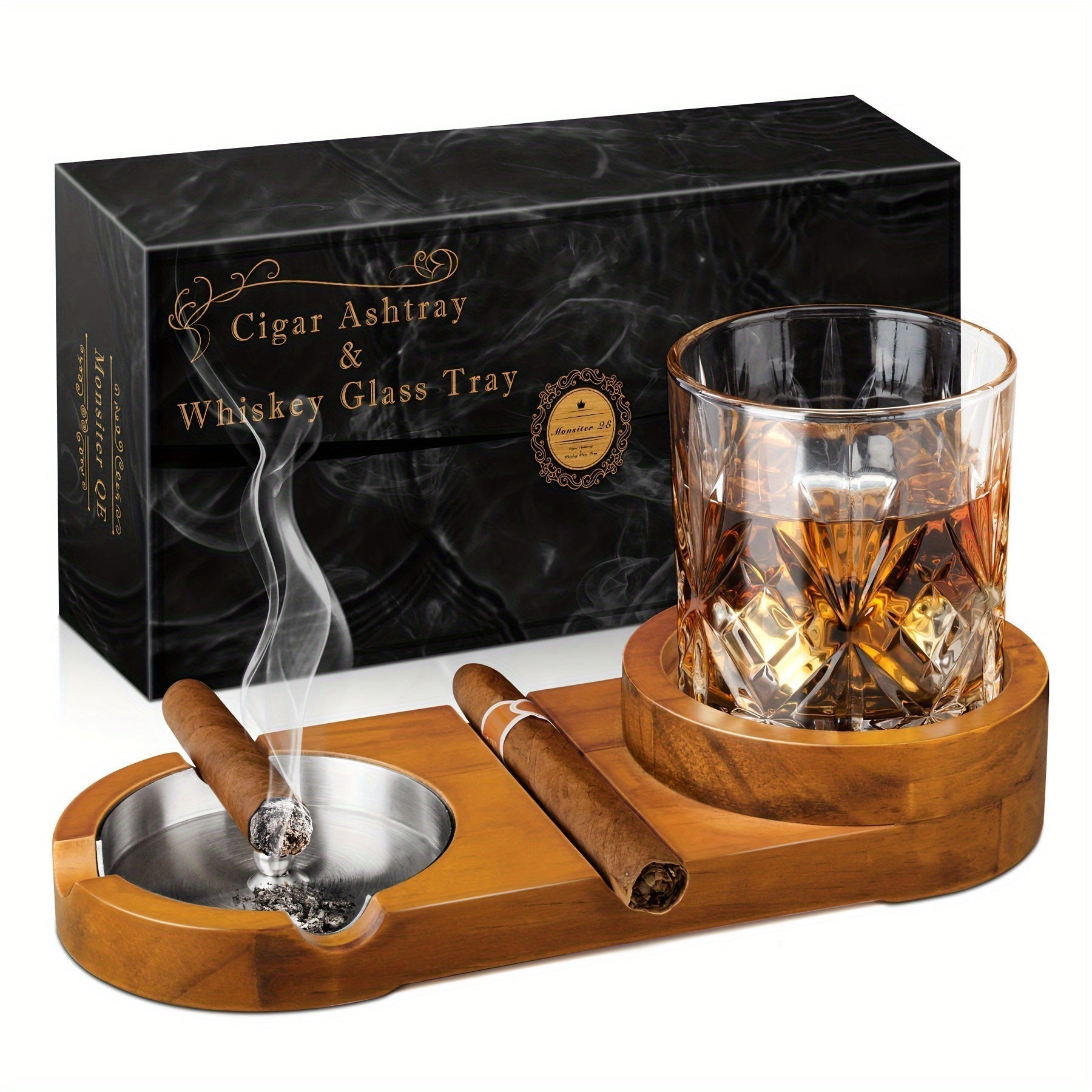 CigarOak Aschenbecher met Whiskeyhouder – Luxe Houten Schaal voor Sigarenliefhebbers