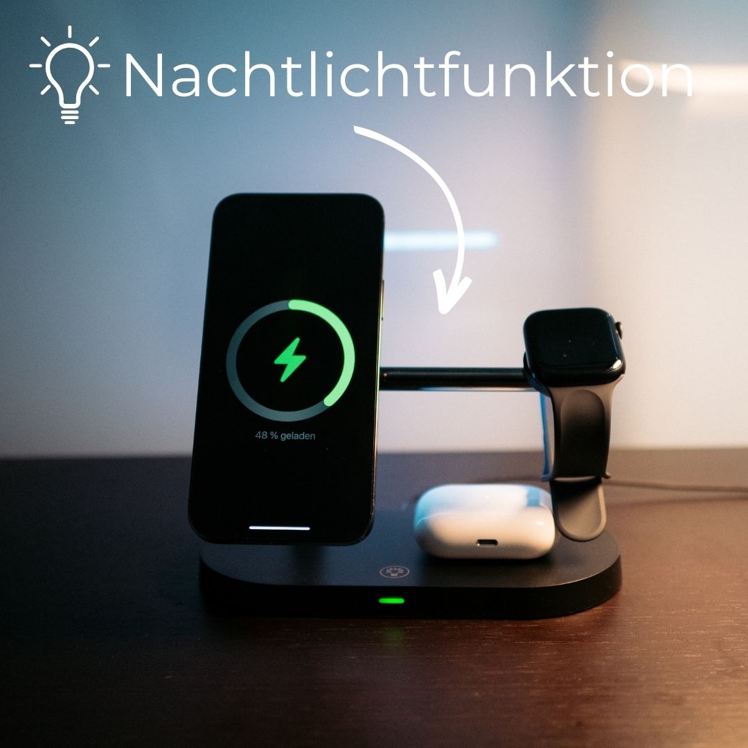 3-in-1 Draadloze Oplader voor Smartphone, Smartwatch en Oordopjes – Snelle Oplaadstation met Modern Ontwerp