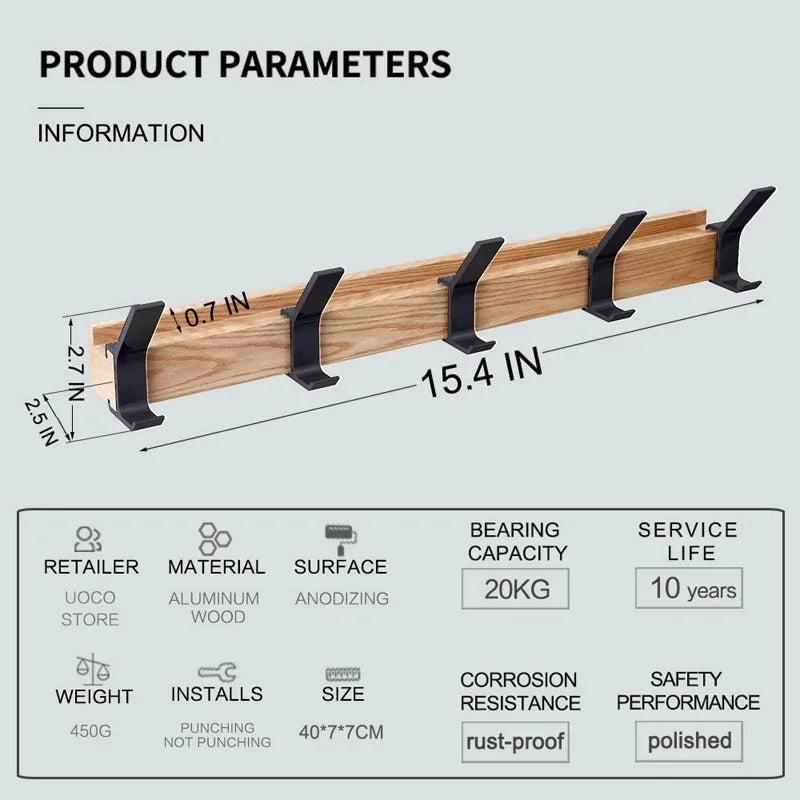 Nordivo Wandkapstok met Verplaatsbare Dubbele Haken | Scandinavisch Ontwerp | Hout & Aluminium | Ruimtebesparend & Modern