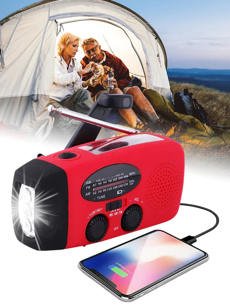 Draagbare Noodradio met Zaklamp en Powerbank – Zonne-energie, Handcrank, USB-C Opladen, Waterdicht, AM/FM Ontvangst