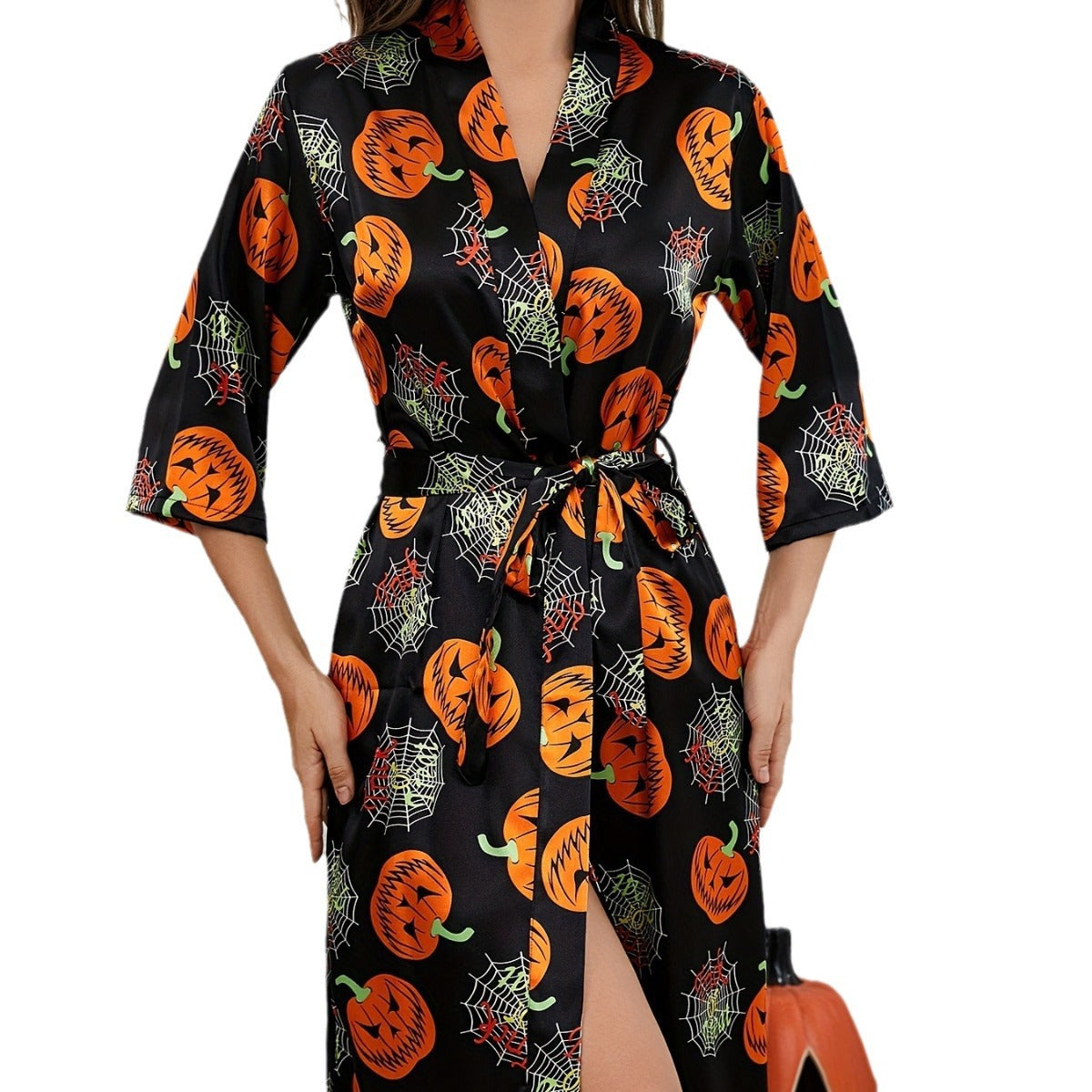 Dames Satijnen Halloween Kostuum Robe | Pompoenprint Met Ceintuur