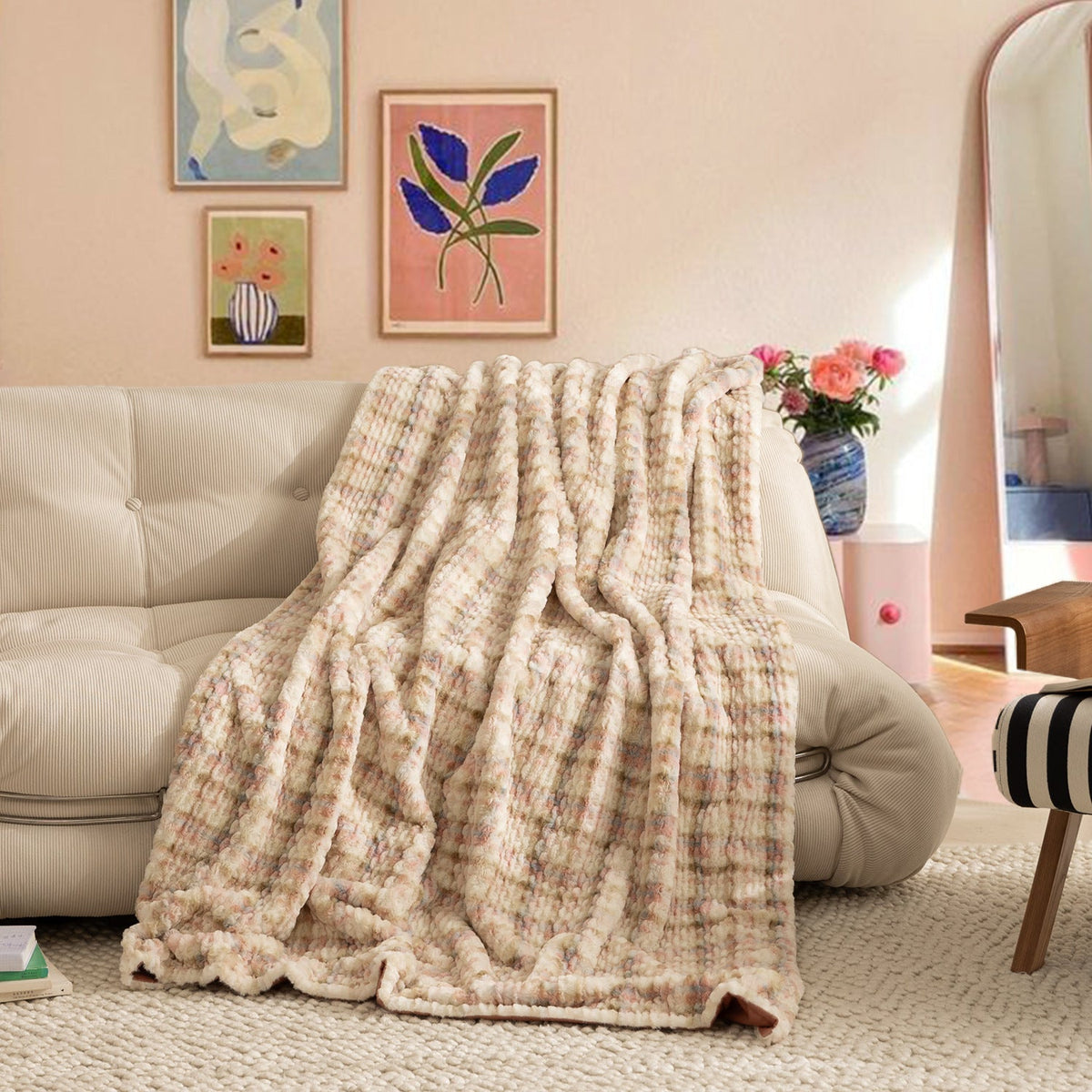 Luxe Faux Fur Plaid met Golvende Textuur – Zachte Bontdeken met Microvezel Achterkant
