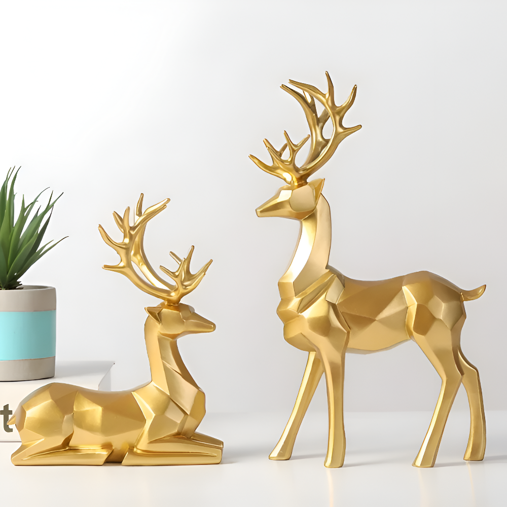 Geometrische Rendier Figuren Set – Moderne 2-delige Resin Decoratie