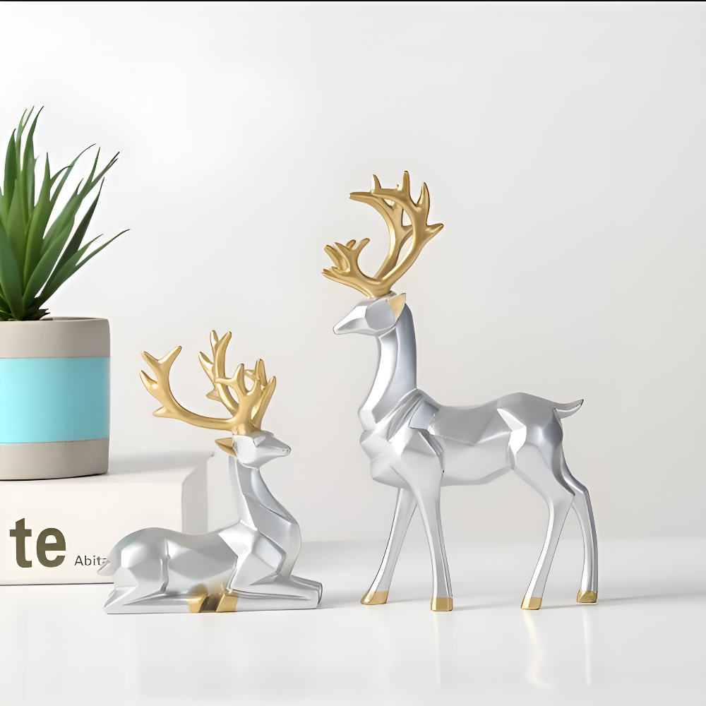 Geometrische Rendier Figuren Set – Moderne 2-delige Resin Decoratie