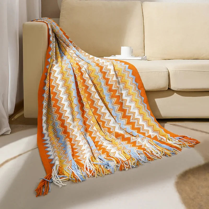 Boho Plaid met Franjes – Zachte Deken met Geometrisch Patroon in Warme Kleuren