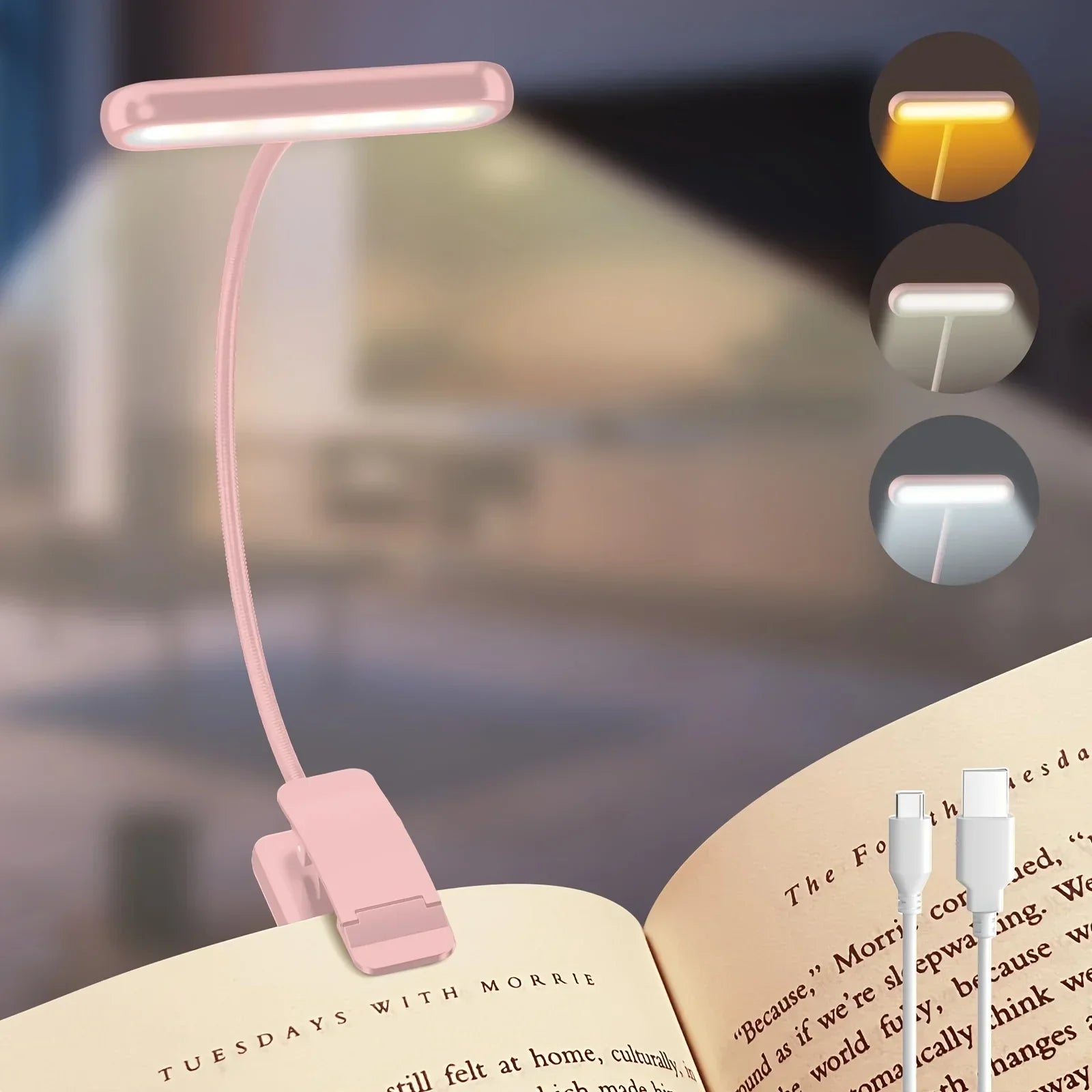 Flexibele Leeslamp USB Oplaadbaar met Dimbare Lichtkleuren en Clip