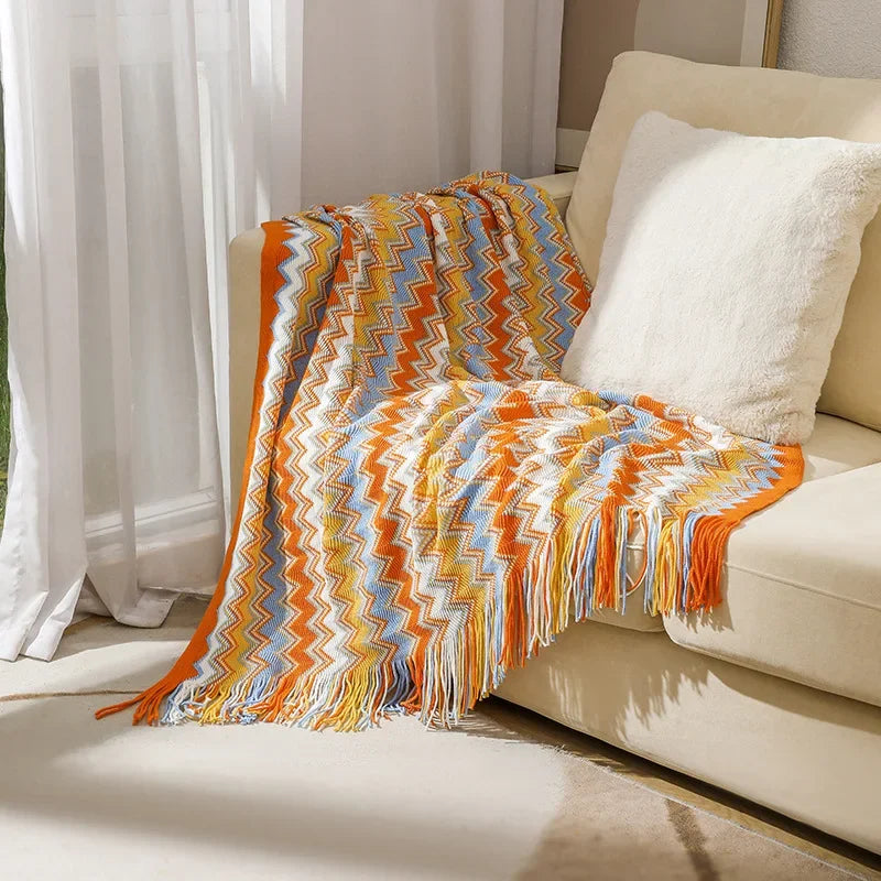 Boho Plaid met Franjes – Zachte Deken met Geometrisch Patroon in Warme Kleuren