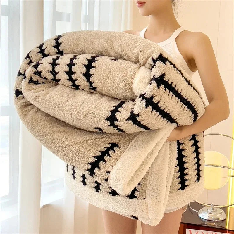 Dubbelzijdige Sherpa Fleece Deken met Geometrisch Patroon – Zachte Warme Woonplaid