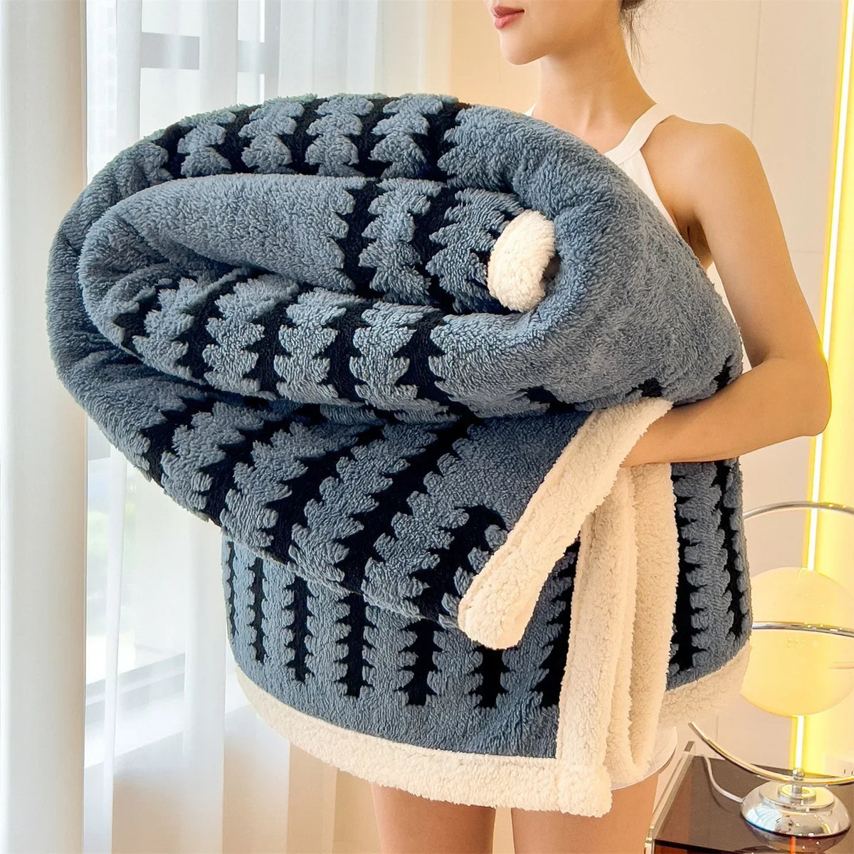 Dubbelzijdige Sherpa Fleece Deken met Geometrisch Patroon – Zachte Warme Woonplaid