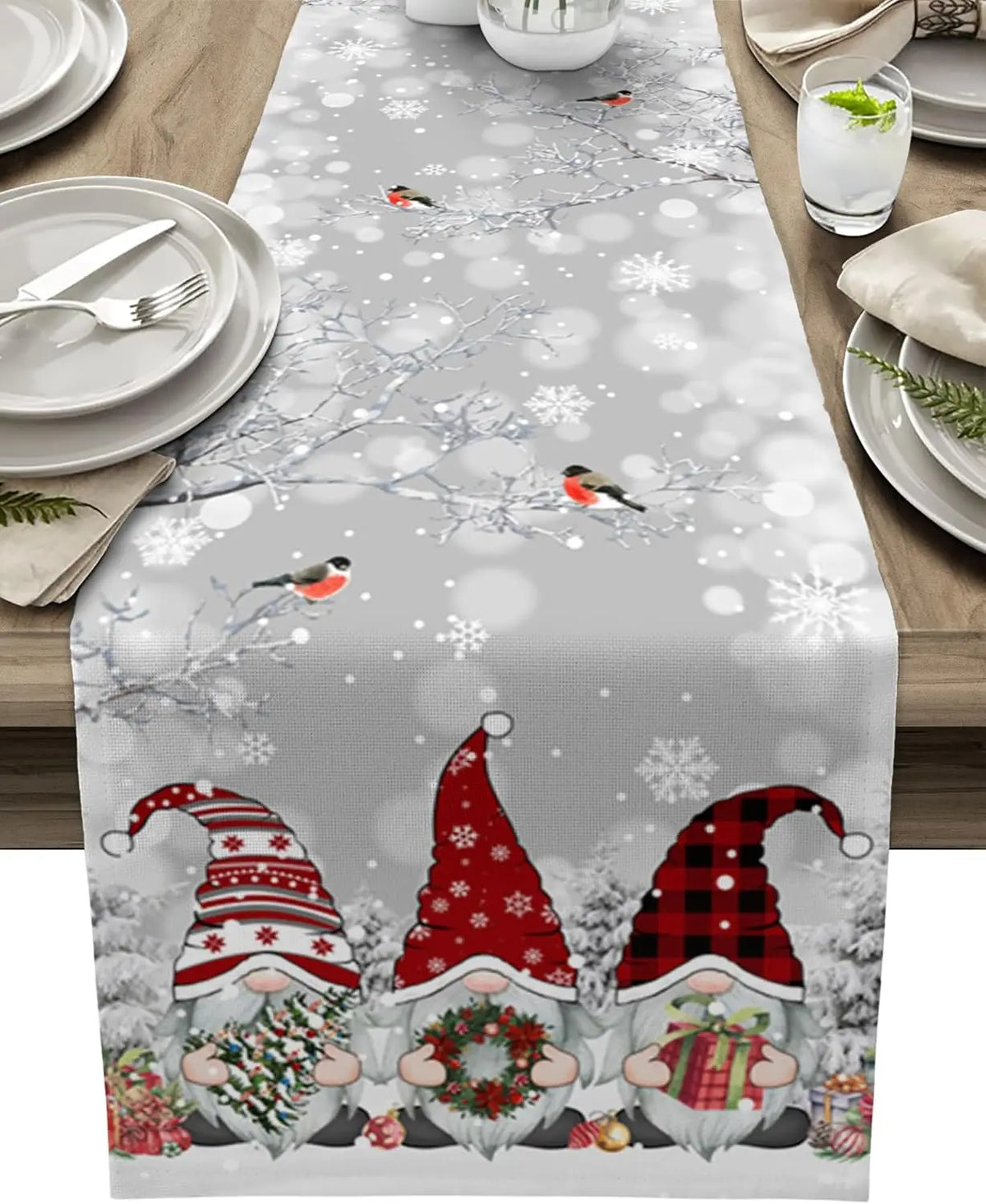 Christmas Kerst Tafelloper met Sneeuwkabouters – Luxe Linnen Kerstdecoratie