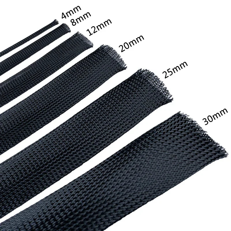 10M Zwarte Geïsoleerde Vlechtbuis - PET Draad Kabel Beschermslang, Vlamvertragende Nylonbuis - 4-30mm Strakke Kabeldoorvoer