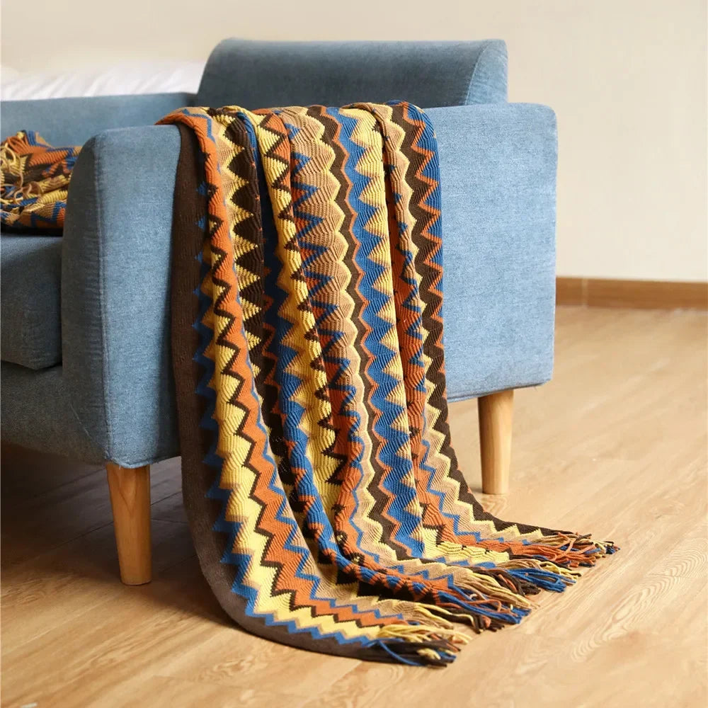 Boho Plaid met Franjes – Zachte Deken met Geometrisch Patroon in Warme Kleuren