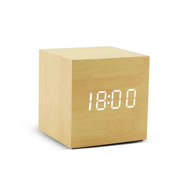 Houten LED-alarmklok met temperatuurweergave, digitale tijdsaanduiding en minimalistisch ontwerp – Perfect voor slaapkamer en kantoor
