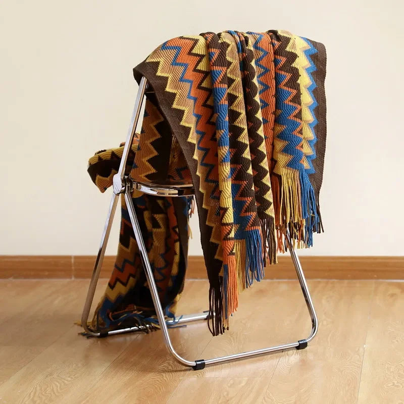 Boho Plaid met Franjes – Zachte Deken met Geometrisch Patroon in Warme Kleuren