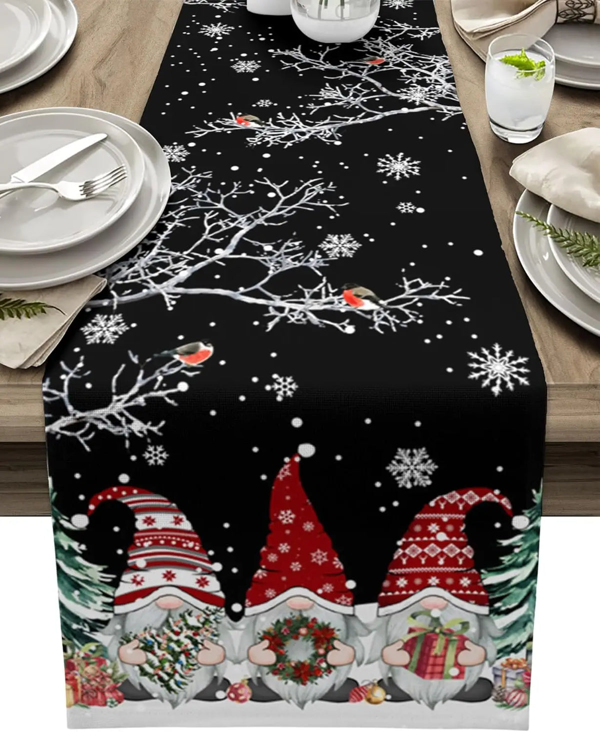 Christmas Kerst Tafelloper met Sneeuwkabouters – Luxe Linnen Kerstdecoratie