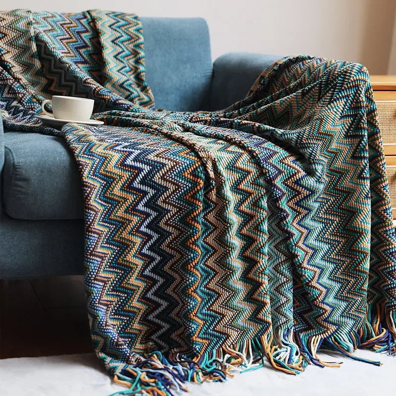 Boho Plaid met Franjes – Zachte Deken met Geometrisch Patroon in Warme Kleuren
