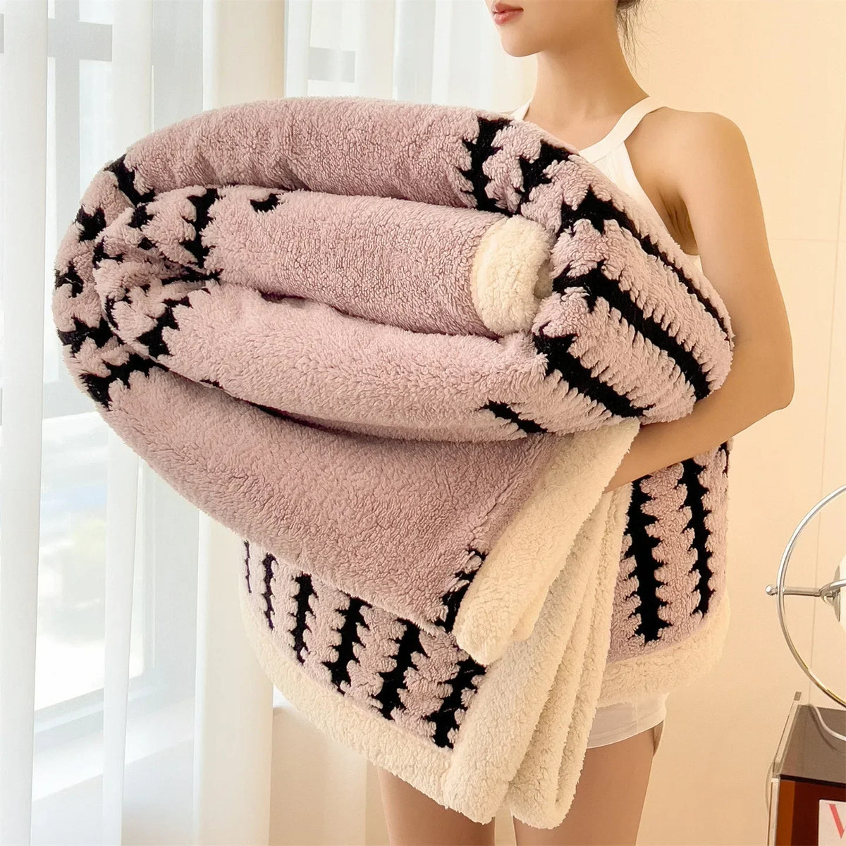 Dubbelzijdige Sherpa Fleece Deken met Geometrisch Patroon – Zachte Warme Woonplaid