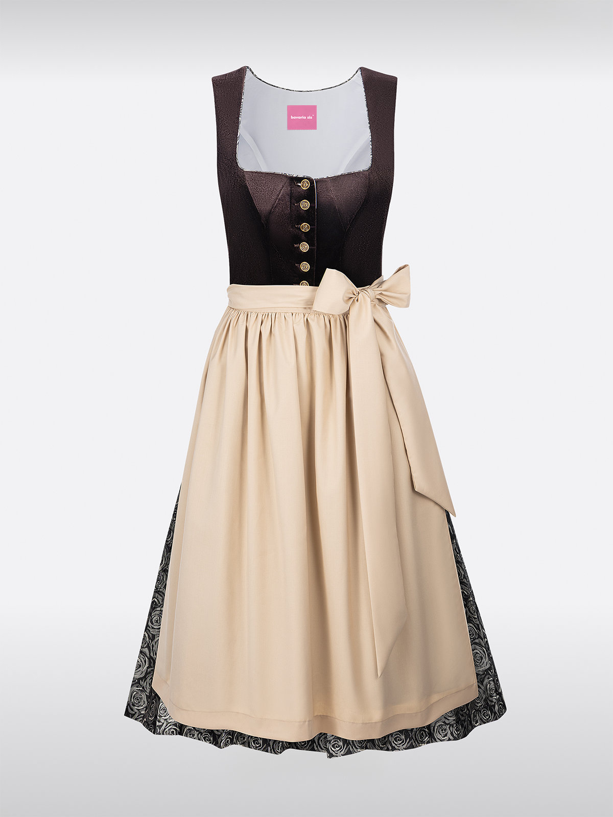 Samt Dirndl in Bruin met Rechte Halslijn Bloemenpatroon