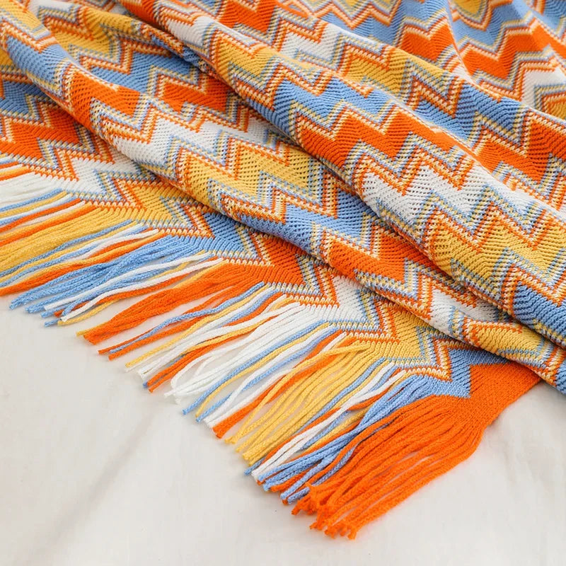 Boho Plaid met Franjes – Zachte Deken met Geometrisch Patroon in Warme Kleuren