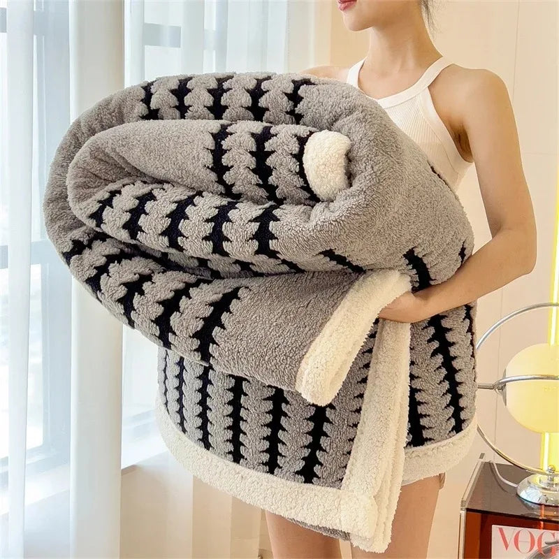 Dubbelzijdige Sherpa Fleece Deken met Geometrisch Patroon – Zachte Warme Woonplaid
