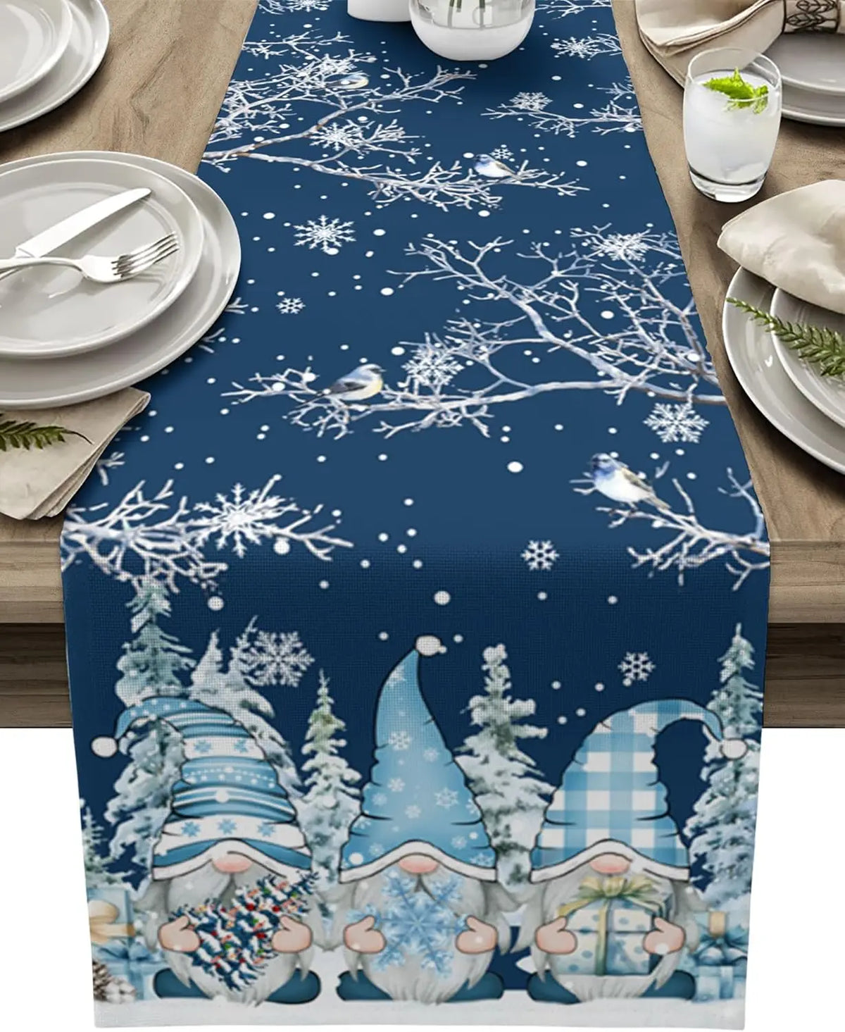 Christmas Kerst Tafelloper met Sneeuwkabouters – Luxe Linnen Kerstdecoratie