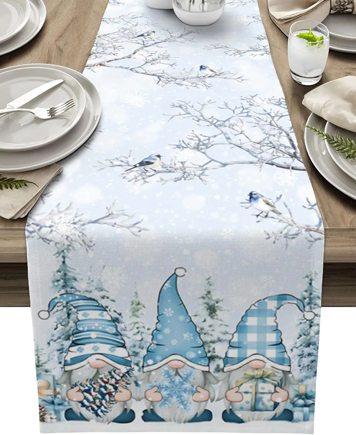 Christmas Kerst Tafelloper met Sneeuwkabouters – Luxe Linnen Kerstdecoratie