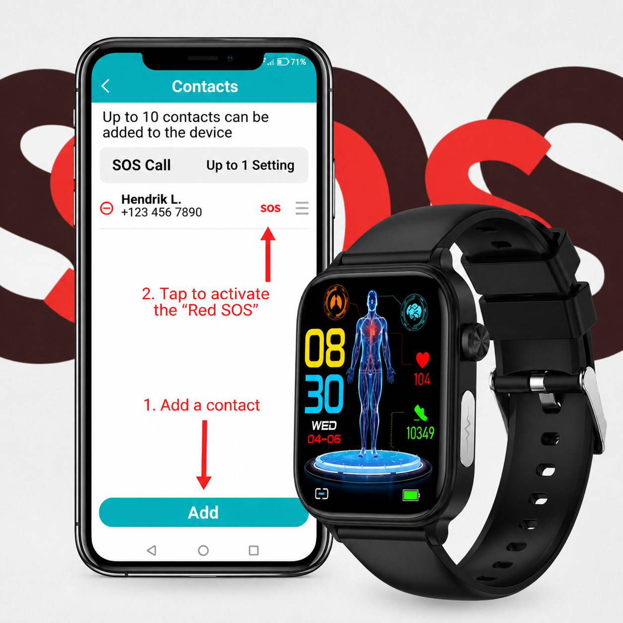 Smartwatch met SOS-noodalarm en valdetectie | Hartslag-, zuurstof- en activiteitsmeting | Bluetooth en waterdicht