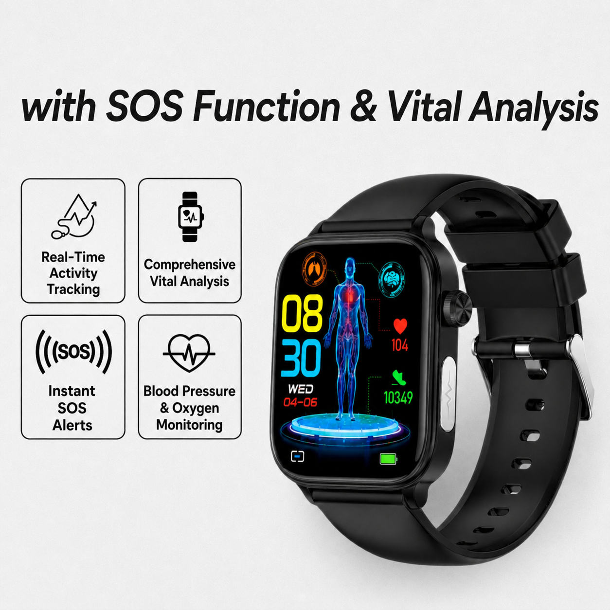 Smartwatch met SOS-noodalarm en valdetectie | Hartslag-, zuurstof- en activiteitsmeting | Bluetooth en waterdicht
