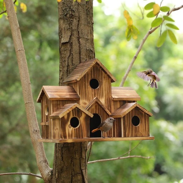 SongbirdHaven – Handgemaakt Vogelhuis van Hout met 6 Ingangen voor de Tuin