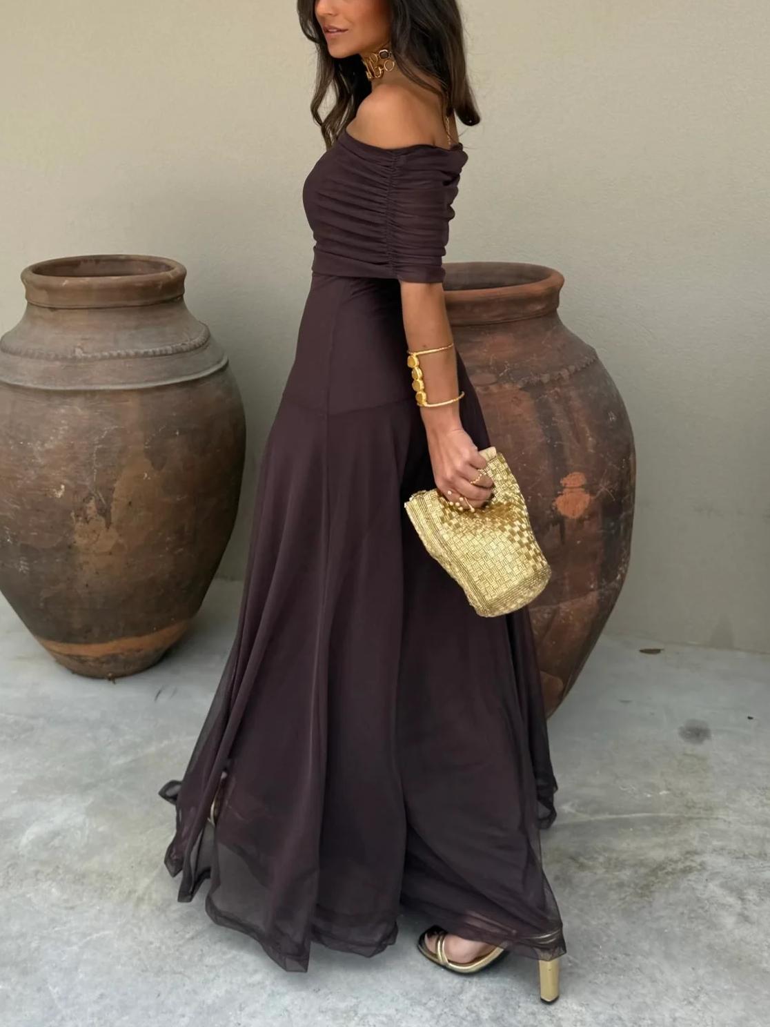 ChicVogue Off-Shoulder Maxikleed | Elegante Chiffonjurk voor moeiteloze stijl en draagcomfort