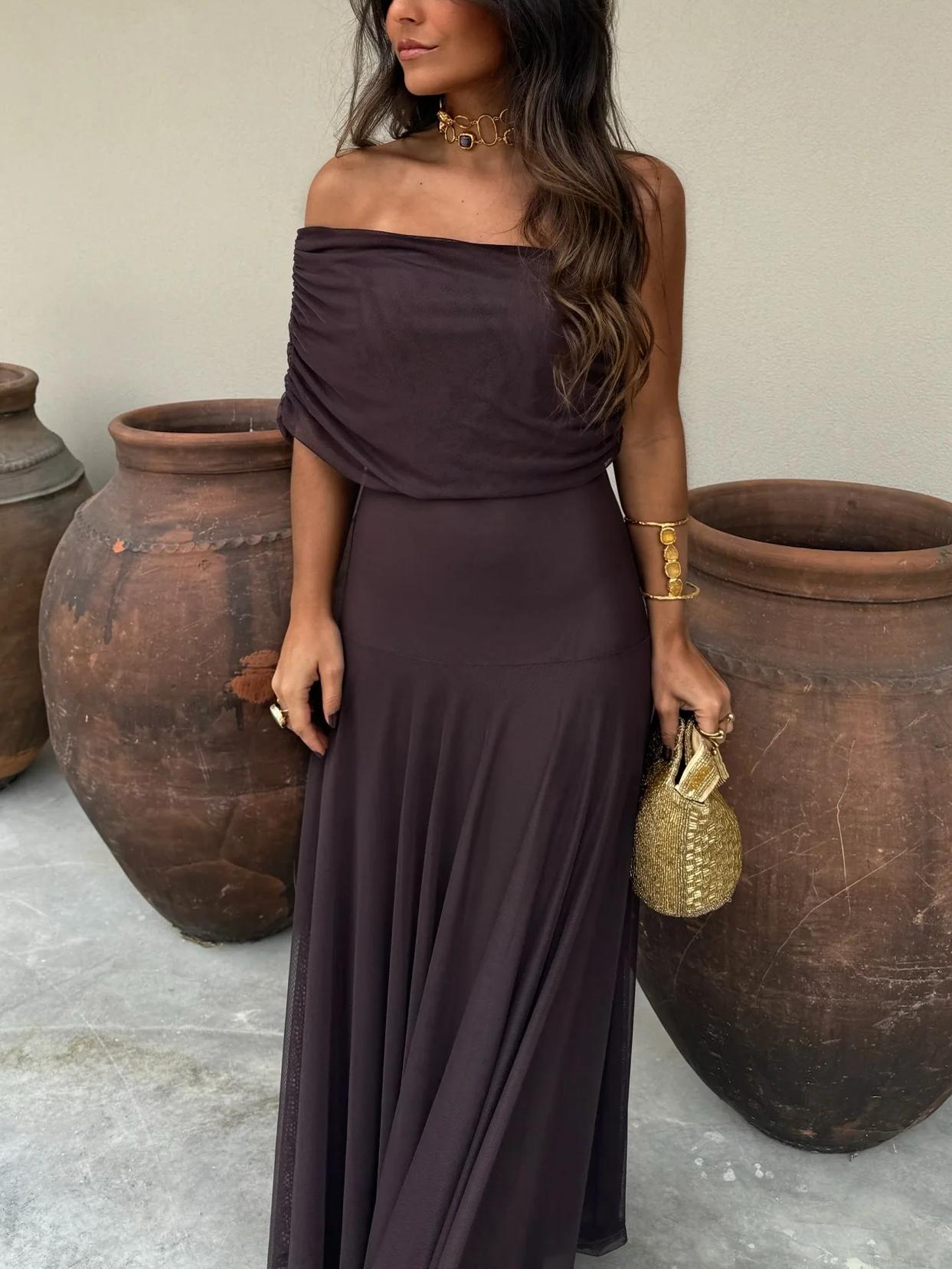 ChicVogue Off-Shoulder Maxikleed | Elegante Chiffonjurk voor moeiteloze stijl en draagcomfort