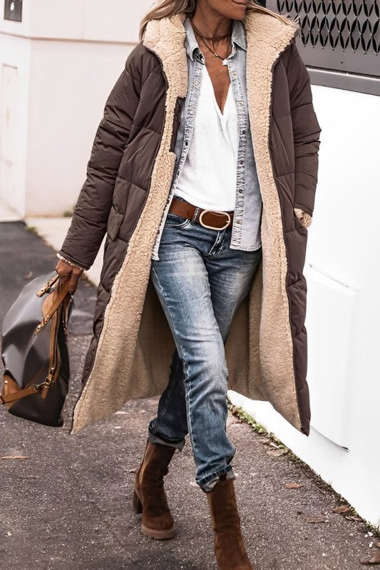 Lange Dames Winterjas Marlina – Omkeerbare Warme Mantel met Teddyvoering