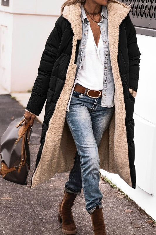 Lange Dames Winterjas Marlina – Omkeerbare Warme Mantel met Teddyvoering