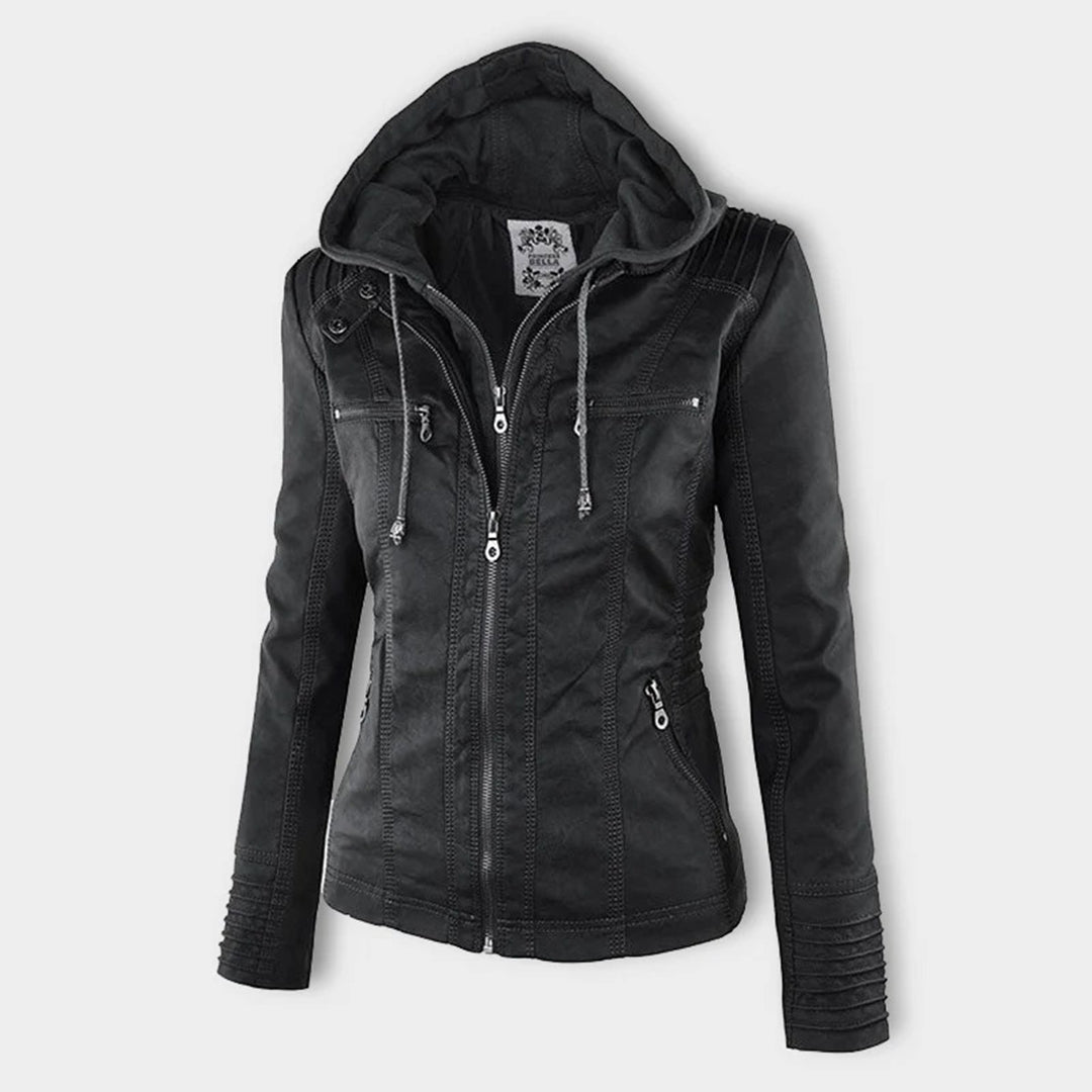 Trendy Dames Leren Jas Alesund – Zwarte PU-Jas met Capuchon en Rits