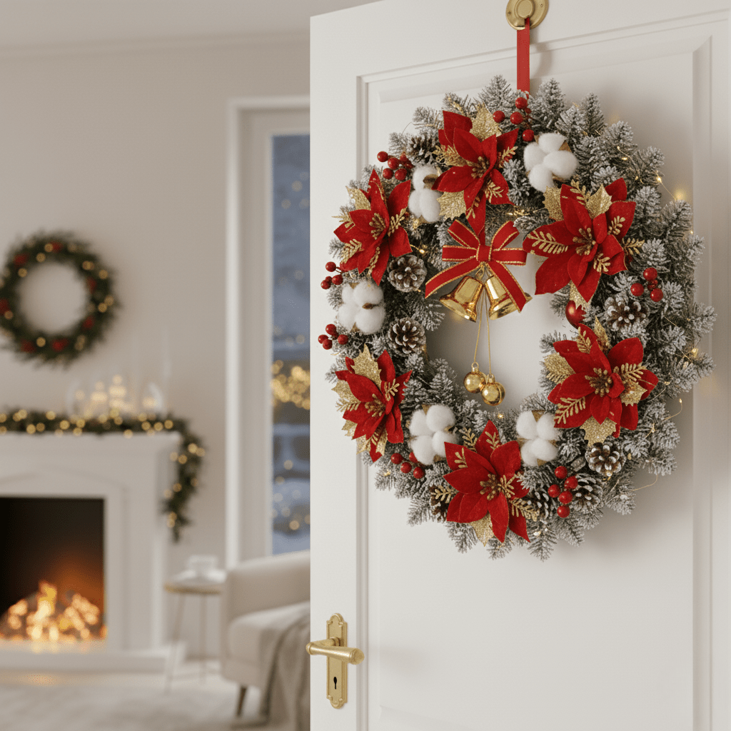 LED Kerstkrans met Gouden Klokken – Warmwitte Verlichting voor de Deur