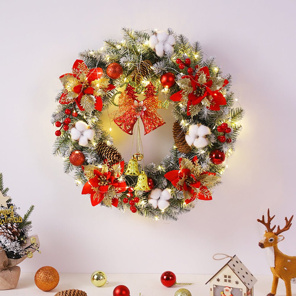 LED Kerstkrans met Gouden Klokken – Warmwitte Verlichting voor de Deur