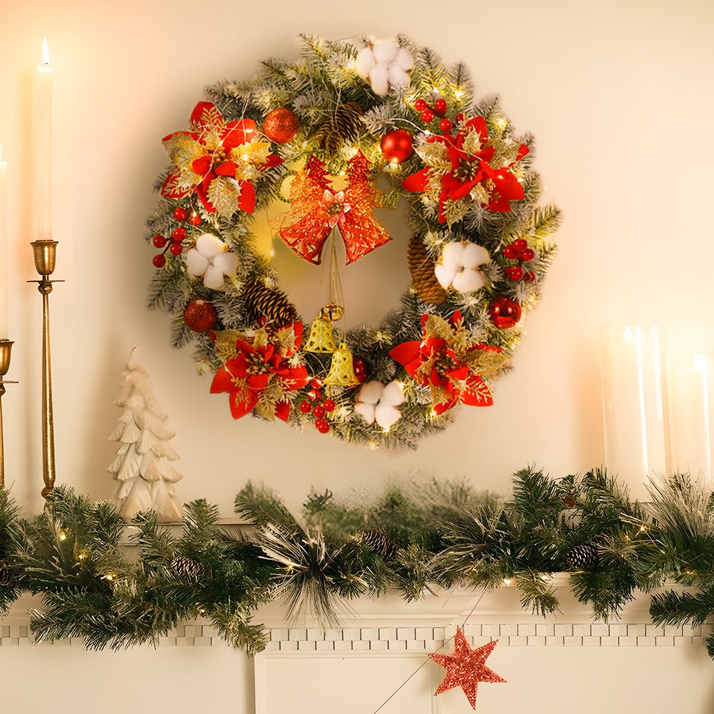 LED Kerstkrans met Gouden Klokken – Warmwitte Verlichting voor de Deur