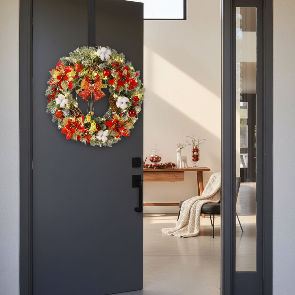 LED Kerstkrans met Gouden Klokken – Warmwitte Verlichting voor de Deur
