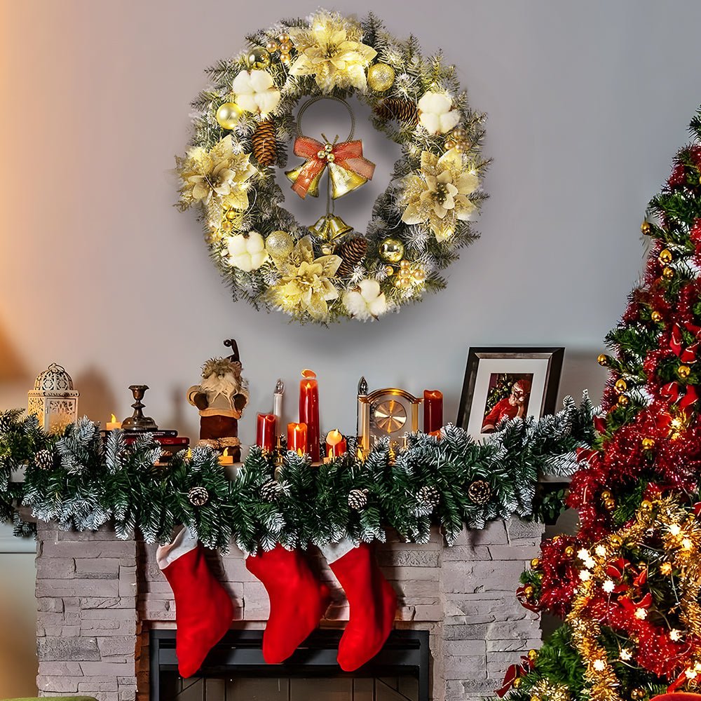 LED Kerstkrans met Gouden Klokken – Warmwitte Verlichting voor de Deur
