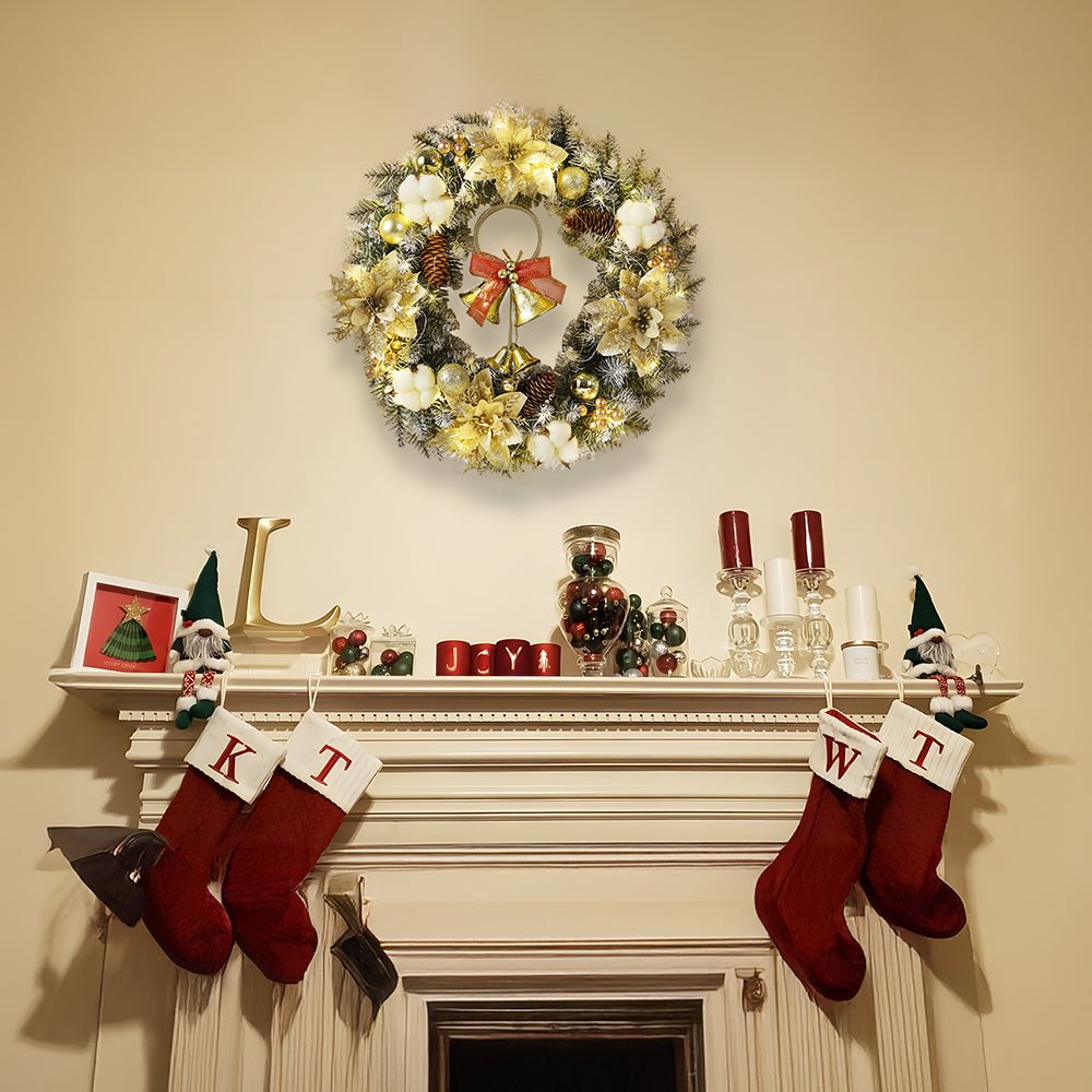 LED Kerstkrans met Gouden Klokken – Warmwitte Verlichting voor de Deur